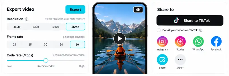 4K export settings and sharing options for social platforms