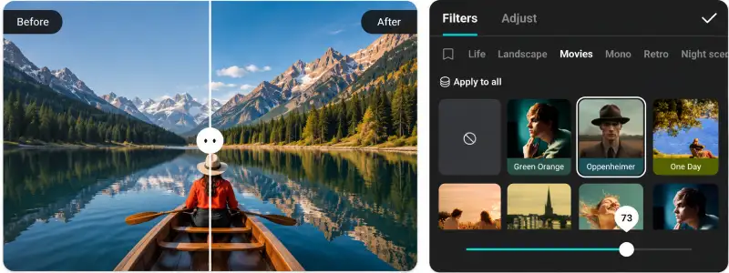 Before and after color grading of a mountain lake, alongside filter controls