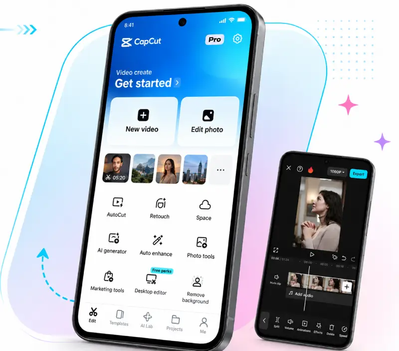 CapCut editor on two phones, showing projects and a multilayer video timeline