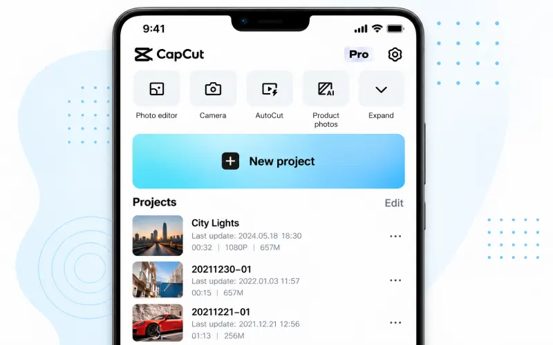 CapCut’s simple home screen with a New project button and editing tools