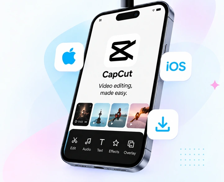 CapCut app on an iPhone, with Apple and iOS icons