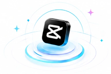CapCut app icon on a glowing blue platform