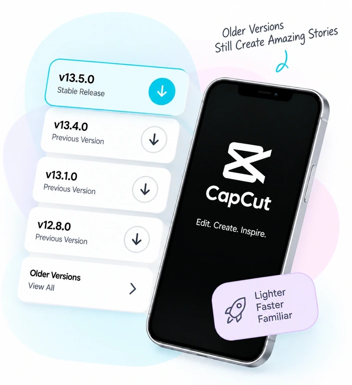 CapCut on a phone alongside previous version release cards