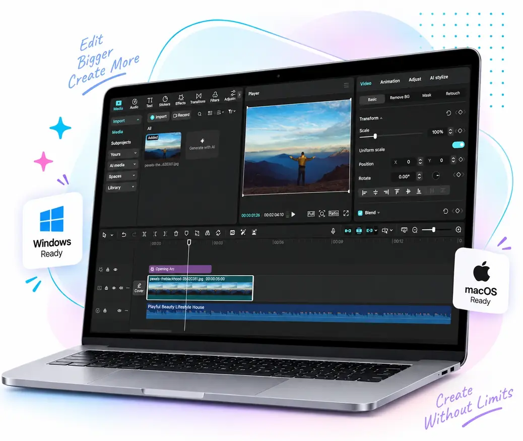 CapCut desktop video editor on a laptop, Windows and macOS ready